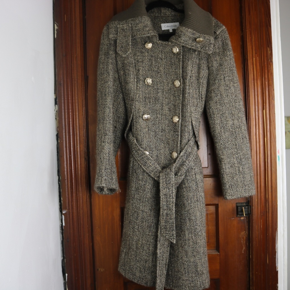 Tan and Brown Gingham Calvin Klein Trench Coat